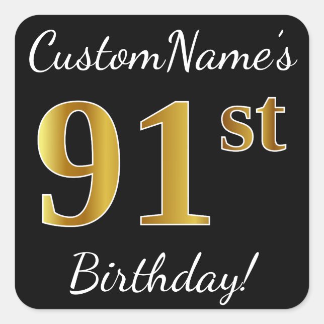Sticker Carré Noir, Faux Gold 91ème Anniversaire + Nom personnal (Devant)