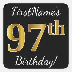 Sticker Carré Noir, Faux Gold 97e anniversaire + Nom personnalis