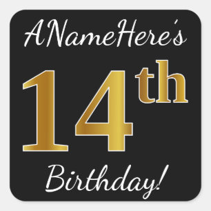 Sticker Carré Noir, Faux Or 14e anniversaire + Nom personnalisé