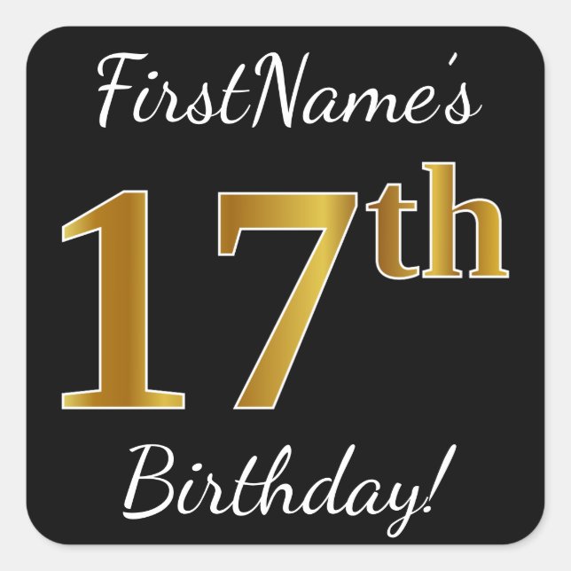 Sticker Carré Noir, Faux Or 17ème anniversaire + Nom personnalis (Devant)