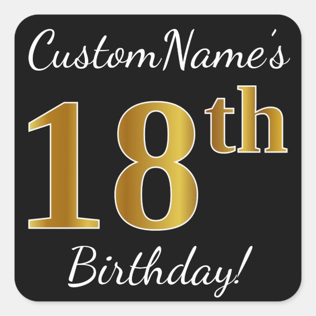 Sticker Carré Noir, Faux Or 18ème anniversaire + Nom personnalis (Devant)