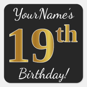 Sticker Carré Noir, Faux Or 19e anniversaire + Nom personnalisé