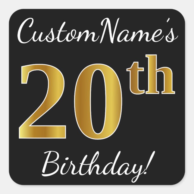 Sticker Carré Noir, Faux Or 20e anniversaire + Nom personnalisé (Devant)