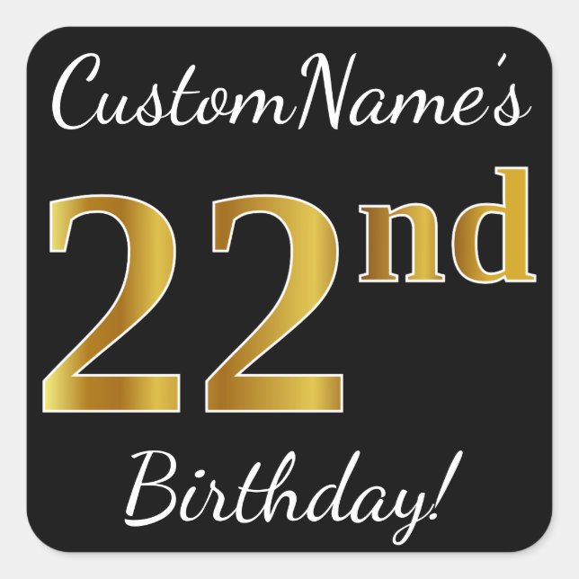 Sticker Carré Noir, Faux Or 22e anniversaire + Nom personnalisé (Devant)