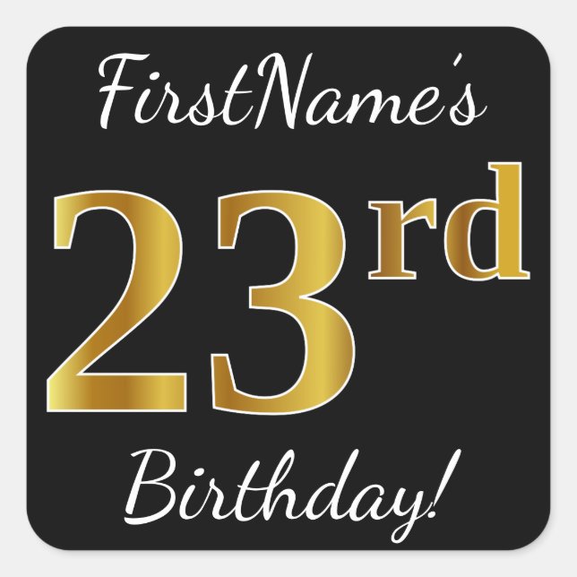 Sticker Carré Noir, Faux Or 23ème anniversaire + Nom personnalis (Devant)