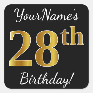 Sticker Carré Noir, Faux Or 28ème anniversaire + Nom personnalis