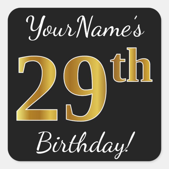 Sticker Carré Noir, Faux Or 29e anniversaire + Nom personnalisé (Devant)