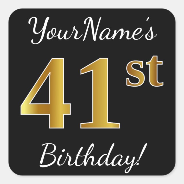Sticker Carré Noir, Faux Or 41ème Anniversaire + Nom personnalis (Devant)