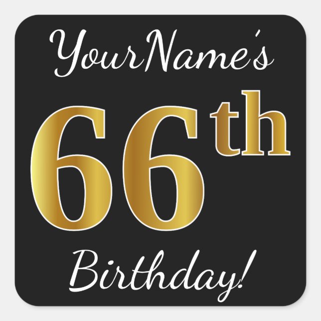 Sticker Carré Noir, Faux Or 66e anniversaire + Nom personnalisé (Devant)