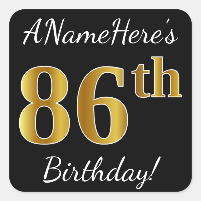 Sticker Carré Noir, Faux Or 86e anniversaire + Nom personnalisé (Devant)