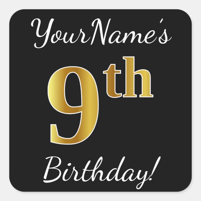 Sticker Carré Noir, Faux Or 9e anniversaire + Nom personnalisé (Devant)