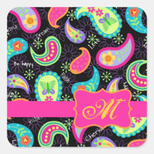 Sticker Carré Noir Fuchsia rose moderne Paisson Monogramme