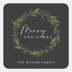 STICKER CARRÉ NOIR MODERNE ÉLÉGANT HOLLY BERRY WREATH NOËL
