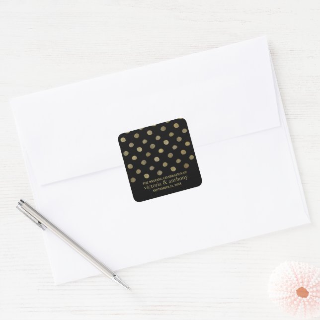 Sticker Carré Noir & Or moderne Pois mariage Faveur (Enveloppe)