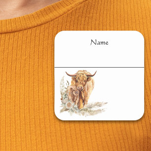 Sticker Carré Nom Balise Baby shower Bébé Highland Vache Calf