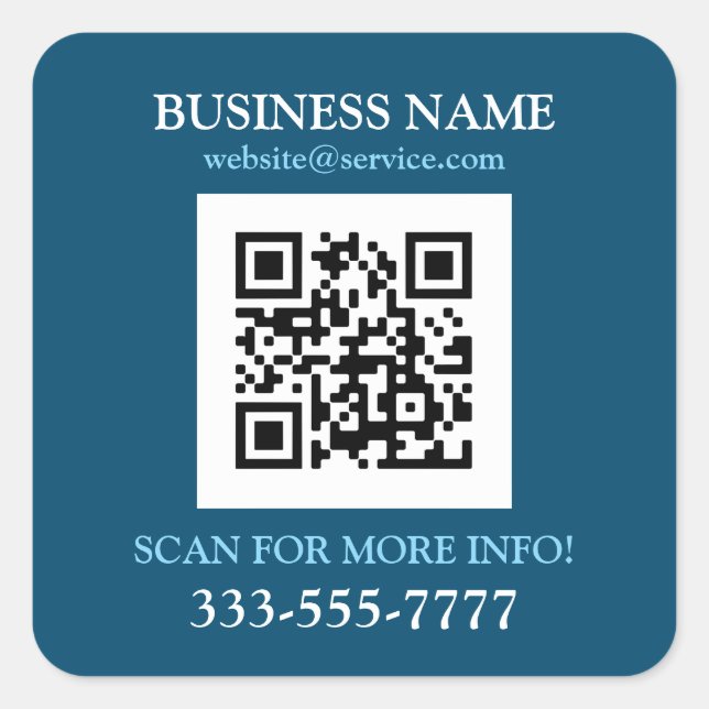 Sticker Carré Nom commercial Promo, QR Code, Ocean Blue & White (Devant)