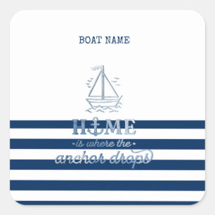 Sticker Carré Nom de bateau nautique, ancre rayée bleu marine