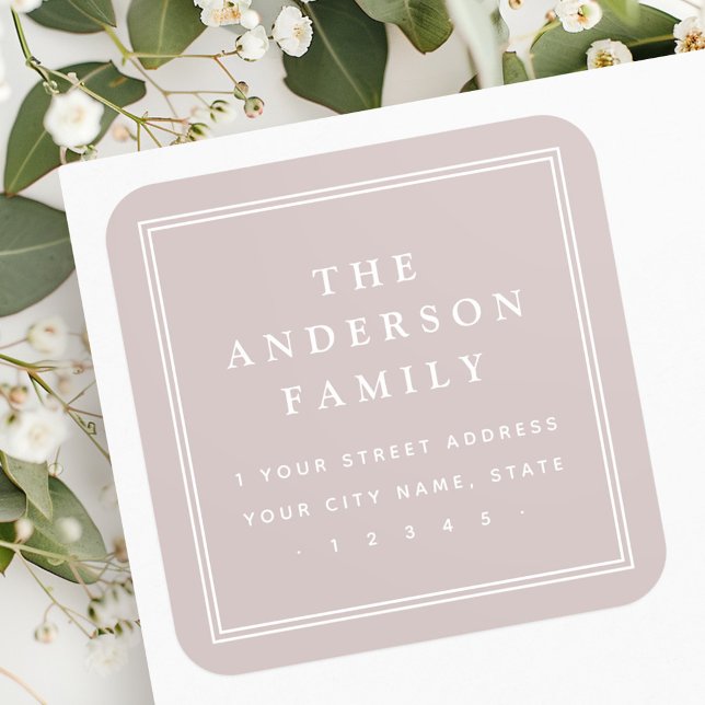 Sticker Carré Nom de famille feu de frontière rose taupe adresse (Family name border light rose taupe return address square sticker)