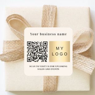 Sticker Carré nom de l'entreprise logo beige code qr