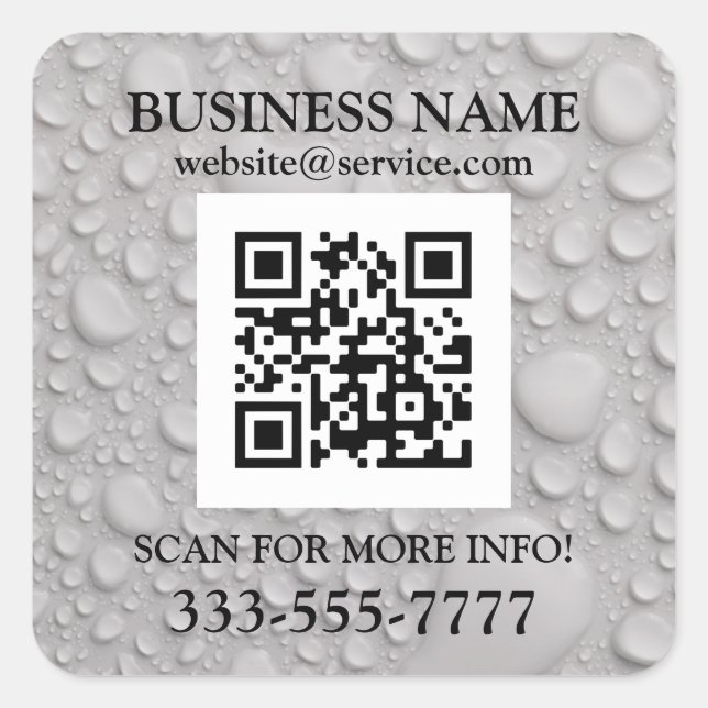 Sticker Carré Nom de l'entreprise Promo, QR Code, gouttes d'eau (Devant)