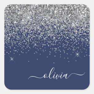 Sticker Carré Nom de monogramme girly pailleté bleu marine argen