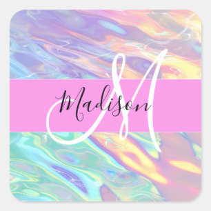 Sticker Carré Nom de monogramme holographique iridescent rose fé