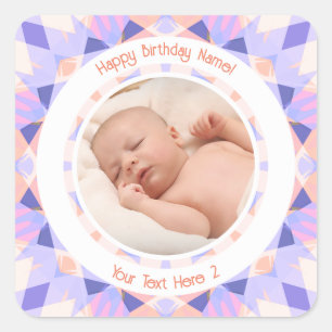 Sticker Carré Nom de photo personnalisé Âge Rose Violet Annivers