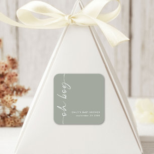 Sticker Carré Nom de script minimaliste Oh Boy Sage Baby shower