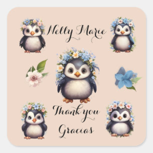 Sticker Carré Nom des pingouins mignons Gracias Merci bilingue