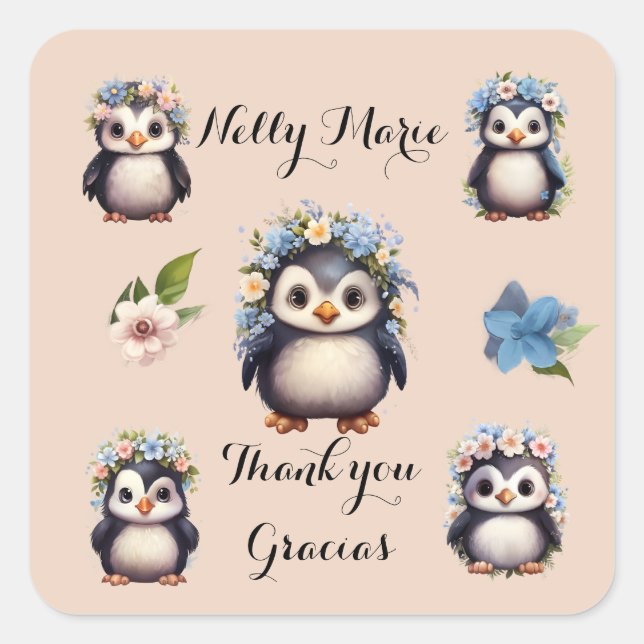 Sticker Carré Nom des pingouins mignons Gracias Merci bilingue (Devant)