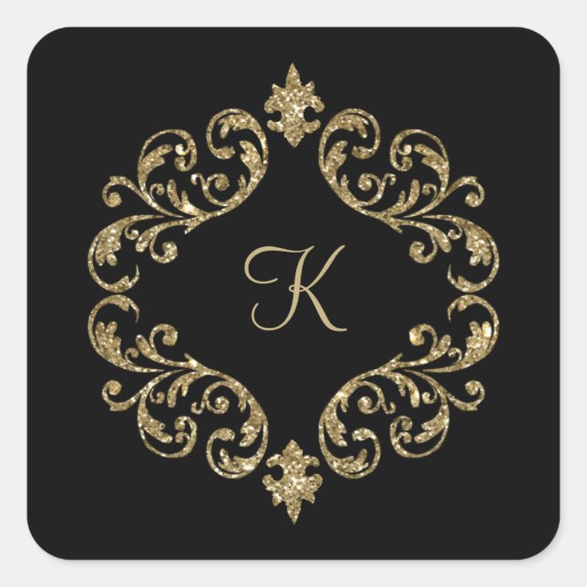 Sticker Carré Nom du monogramme Black Gold Mariage Parti officie (Devant)