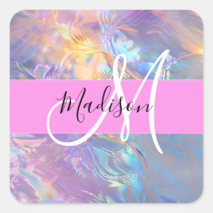 Sticker Carré Nom du monogramme d'iridescendance rose-fille
