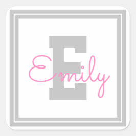 Sticker Carré Nom et monogramme encadrés | Gris clair et rose