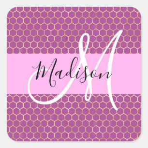 Sticker Carré Nom monogramme nid d'abeille métallisé rose fuchsi