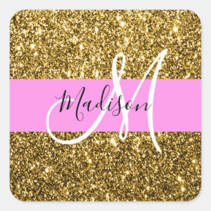 Sticker Carré Nom Monogramme Paillettes Rose et Or Glamour