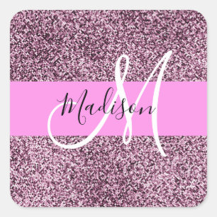 Sticker Carré Nom Monogramme Paillettes Rose & Violet Glam