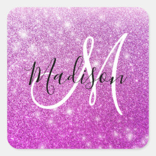 Sticker Carré Nom Monogramme Paillettes Violet Fille et Glamour