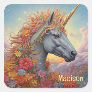 Sticker Carré Nom personnalisé belle licorne