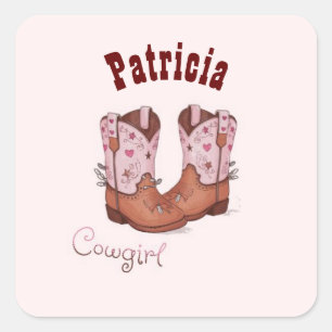 Sticker Carré Nom Personnalisé Branché Cute CowGirl Boots Rose