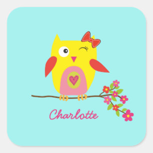 Sticker Carré Nom personnalisé Chouette jaune Fleurs roses