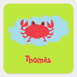 Sticker Carré Nom personnalisé crabe rouge sur bleu et vert