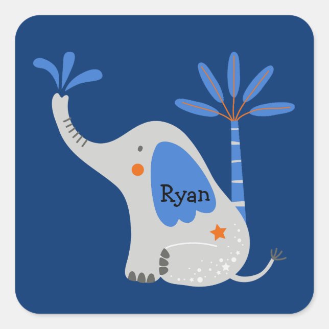 Sticker Carré Nom personnalisé Éléphant mignon avec Palmier Bleu (Devant)