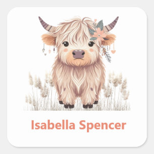 Sticker Carré Nom personnalisé Girl mignonne Modern Highland Cow