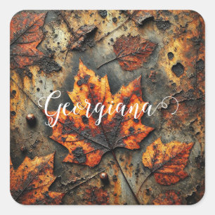 Sticker Carré Nom personnalisé Grungy Autumen Feuilles industrie