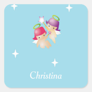 Sticker Carré Nom personnalisé mignon anges sur bleu