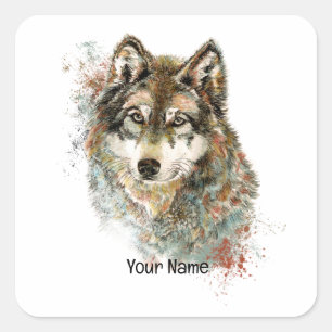 Sticker Carré Nom personnalisé ou texte Loup aquarelle animal