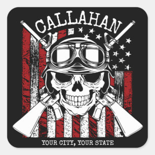Sticker Carré NOM personnalisé Soldat Crâne Double Armes USA Dra