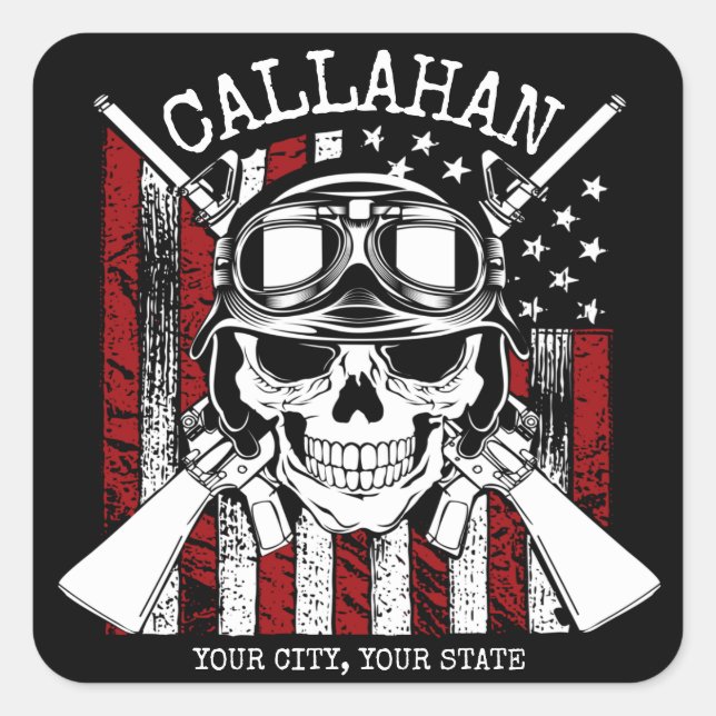 Sticker Carré NOM personnalisé Soldat Crâne Double Armes USA Dra (Devant)