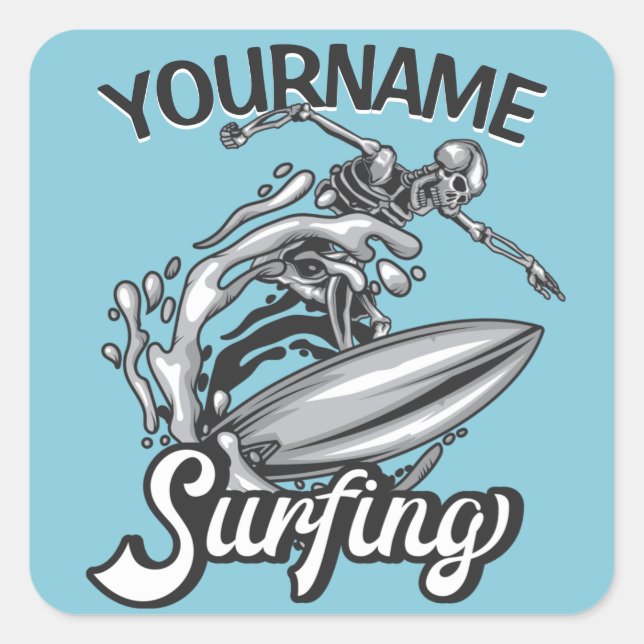 Sticker Carré NOM personnalisé Surfer Big Wave Skeleton Surfing (Devant)