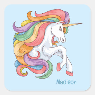 Sticker Carré Nom personnalisé Unicorne colorée